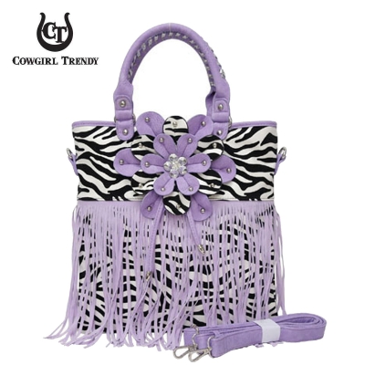 Lavender Zebra Printed W/Flower & Fringe Handbag - FZB 5176