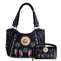 Black Tribal Feather Embroidery Concealed Handbag Set - G980W148