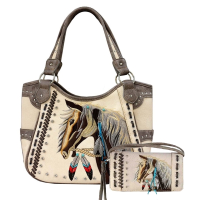 Beige Premium Horse Embroidery Concealed Handbag Set - G980W193
