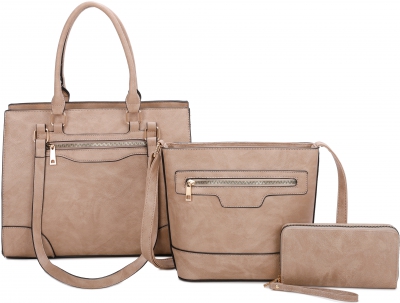 STONE 3 IN1 SMOOTH TEXTURED HANDBAG SET WITH MESSENGER