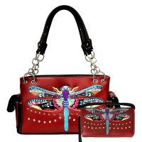 Red Dragon Fly Embroidery Concealed Handbag Set - G939W184