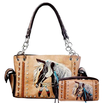 Tan Premium Horse Embroidery Concealed Handbag Set - G939W193