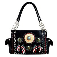 Black Tribal Feather Embroidery Concealed Handbag - G939W148