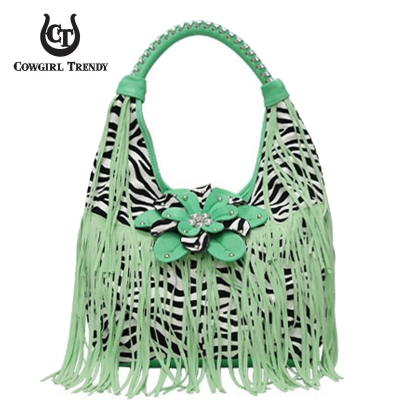 Aqua Green Zebra Printed W/Flower & Fringe Handbag - FZB 5177
