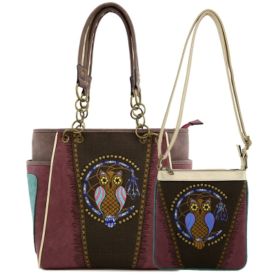 Classic Western Owl Embroider Conceal Tote Bag Set - PTF17584