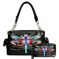 Black Dragon Fly Embroidery Concealed Handbag Set - G939W184