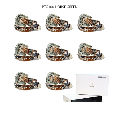 8-Pack Green Horse Rhinestone Studded Belt - PTG100 BOX