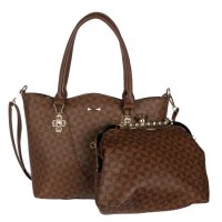 Brown 2 IN 1 Signature Inspired Fashion Handbag - F373