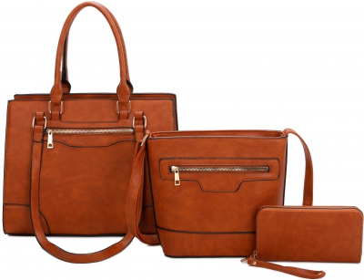 BROWN 3 IN1 SMOOTH TEXTURED HANDBAG SET WITH MESSENGER