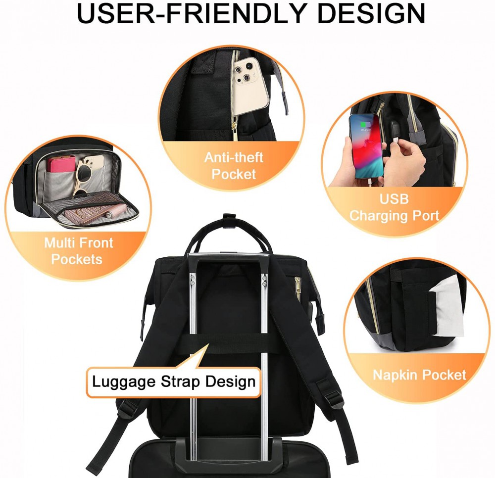 Grey Laptop Backpack for Women Travel Bags with USB Port - Click Image to Close