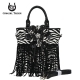 Black Zebra Printed W/Flower & Fringe Handbag - FZB 5176
