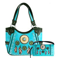 Turq Tribal Feather Embroidery Concealed Handbag Set - G980W148