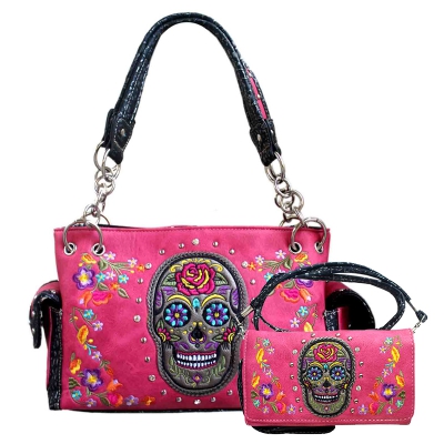 H.Pink Western Concealed Skull Embroidery Bag Set - GSK939W117
