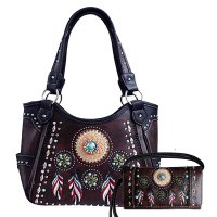 Brown Tribal Feather Embroidery Concealed Handbag Set - G980W148