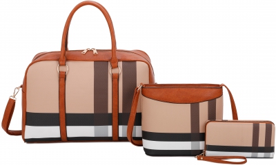 Brown 3 IN 1 3 IN 1 PLAID FASHION HANDBAG SET WITH MESSENGER