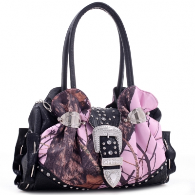Black Camo Rhinestone Buckle Cuffed Shoulder Handbag - MT1-51288
