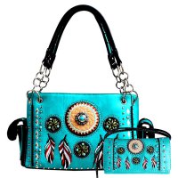 Turq Tribal Feather Embroidery Concealed Handbag Set - G939W148