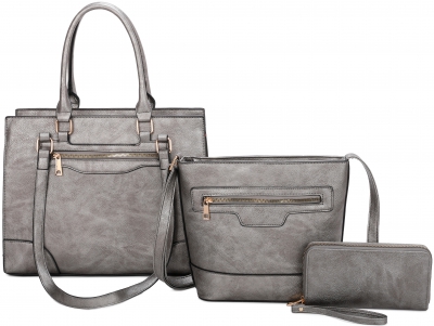 PEWTER 3 IN1 SMOOTH TEXTURED HANDBAG SET WITH MESSENGER