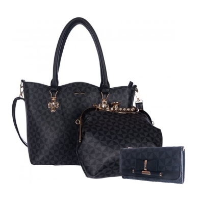 Black 3 IN 1 Signature Inspired Fashion Handbag Set - F373