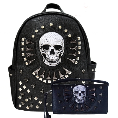 Black Premium Concealed Skull Embroidery Backpack Set - G46SK7