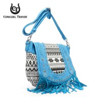 Aqua Aztec Print Embroidery Flap Over Fringe Messenger Bag - CND