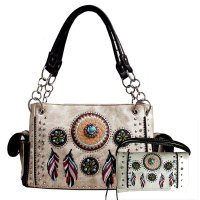 Beige Tribal Feather Embroidery Concealed Handbag Set - G939W148