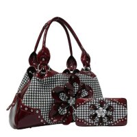 Burgundy Hountooth With Flower Handbag Set - HTF2 8089