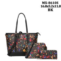Black 3 IN 1 Colorful Print Tote Handbag Wallet Set - MX8610S