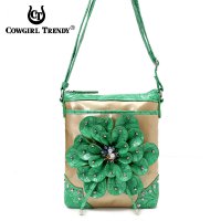 Green Flower Center Accented And Studs Messenger Bag - TUF 4699F