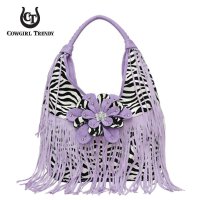 Lavender Zebra Printed W/Flower & Fringe Handbag - FZB 5177