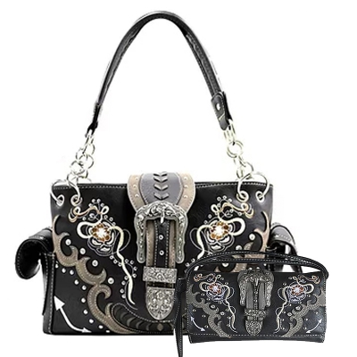 Black Premium Buckle Embroidery Conceal Handbag Set - GP939W174
